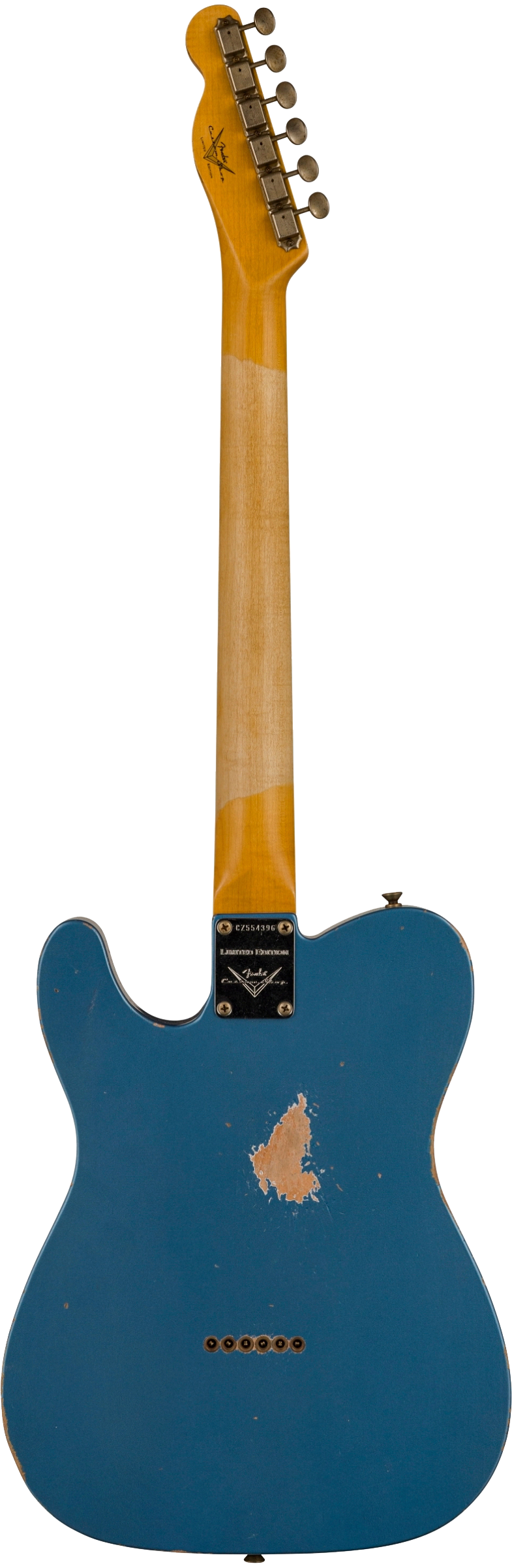 Full back shot of Fender Custom Shop Limited Edition '64 Tele Relic Aged Lake Placid Blue.