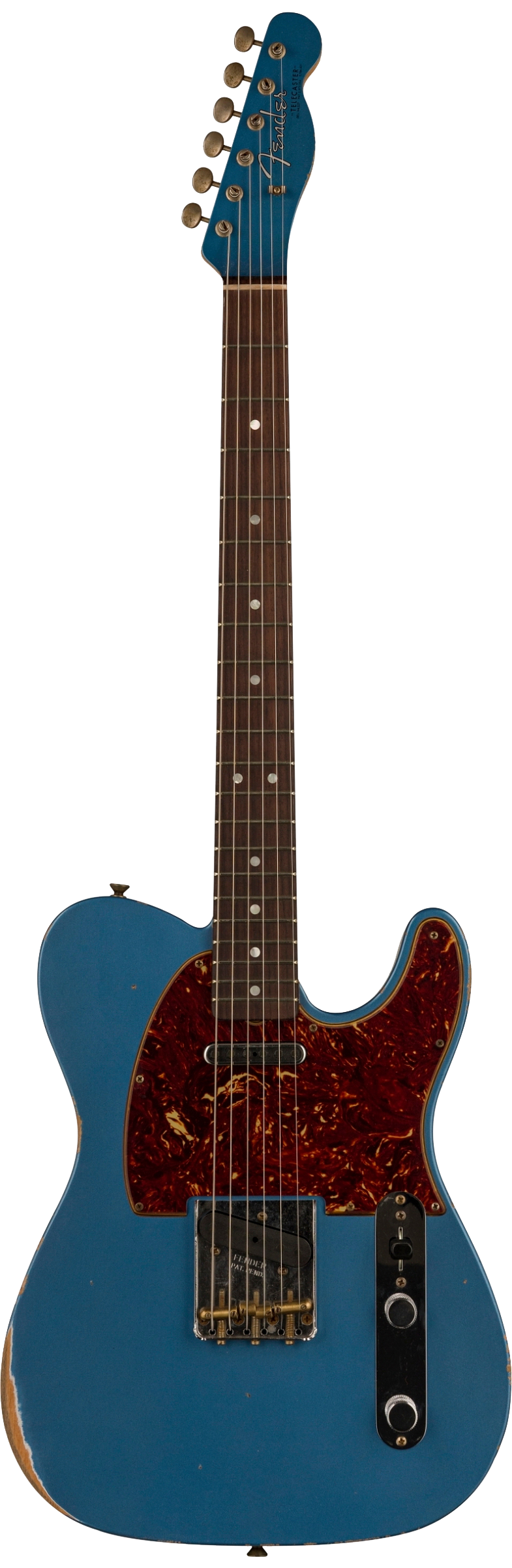 Full front shot of Fender Custom Shop Limited Edition '64 Tele Relic Aged Lake Placid Blue.