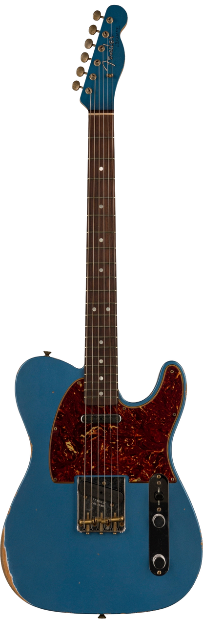 Full front shot of Fender Custom Shop Limited Edition '64 Tele Relic Aged Lake Placid Blue.