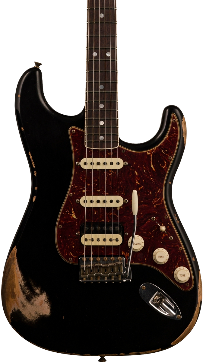 Front of Fender Custom Shop Limited Edition '67 Hss Strat Heavy Relic Aged Black.