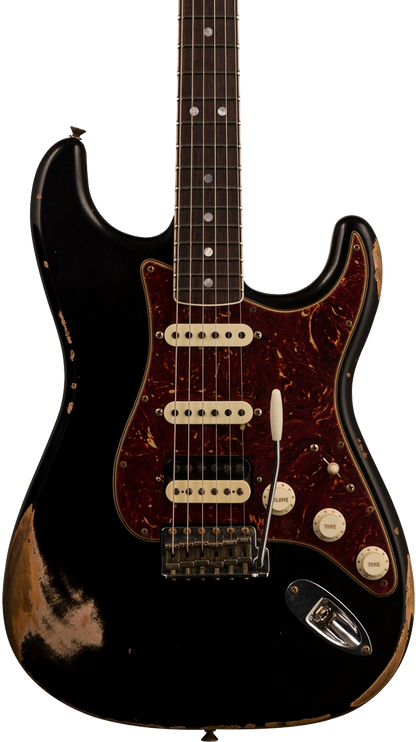 Front of Fender Custom Shop Limited Edition '67 Hss Strat Heavy Relic Aged Black.