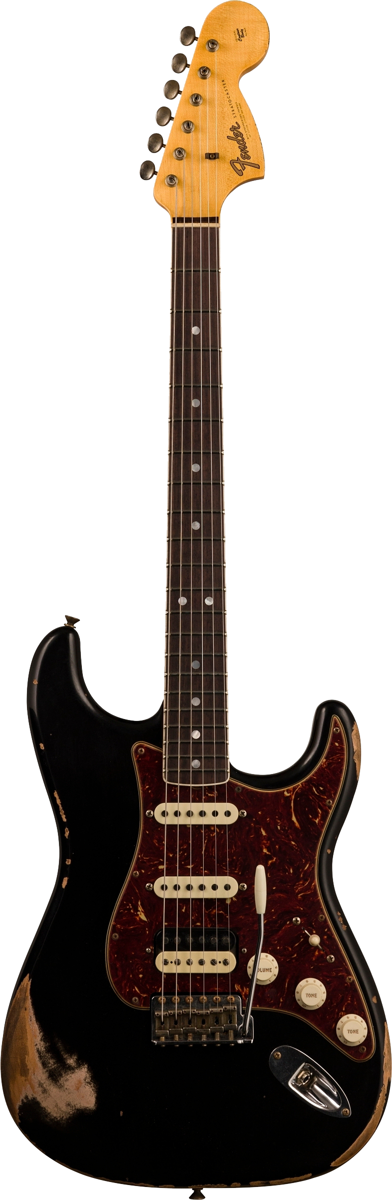 Full frontal of Fender Custom Shop Limited Edition '67 Hss Strat Heavy Relic Aged Black.