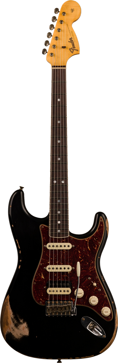 Full frontal of Fender Custom Shop Limited Edition '67 Hss Strat Heavy Relic Aged Black.