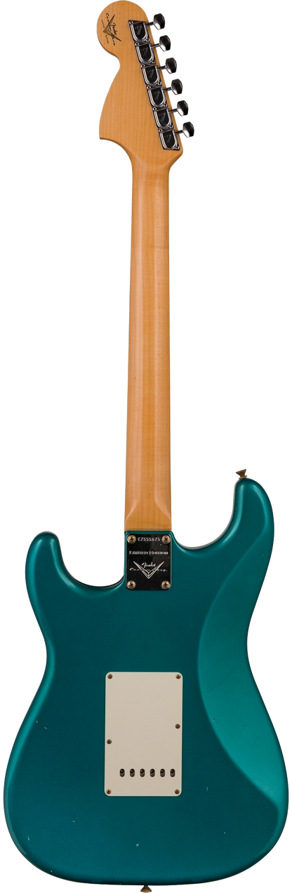 Back of Fender Custom Shop Limited Edition '68 Strat Journeyman Relic Aged Ocean Turquoise.