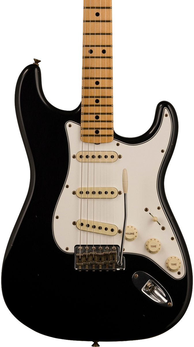 Front of body of Fender Custom Shop Limited Edition '69 Strat Journeyman Relic Aged Black.