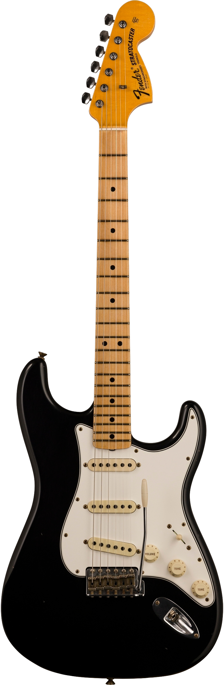 Full front shot of Fender Custom Shop Limited Edition '69 Strat Journeyman Relic Aged Black.