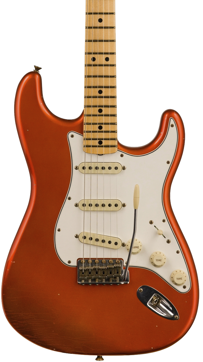 Front of Fender Custom Shop Limited Edition '69 Strat Journeyman Relic Aged Candy Tangerine.