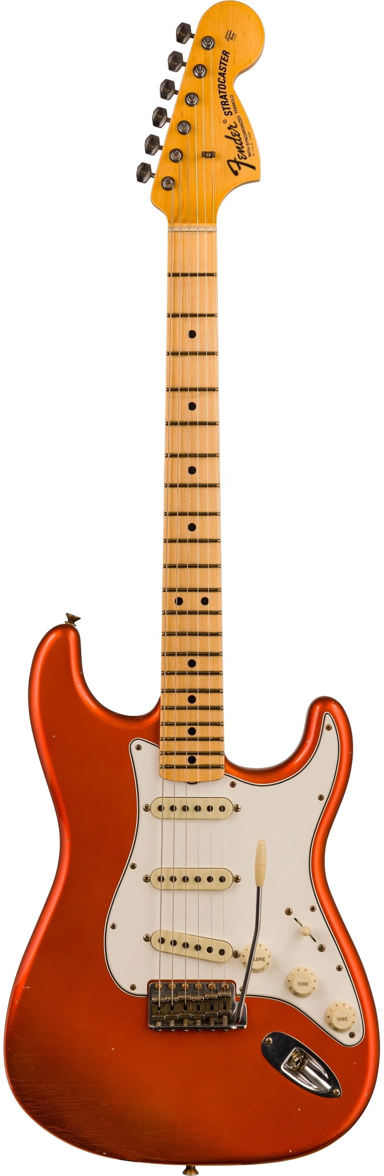 Full frontal of Fender Custom Shop Limited Edition '69 Strat Journeyman Relic Aged Candy Tangerine.