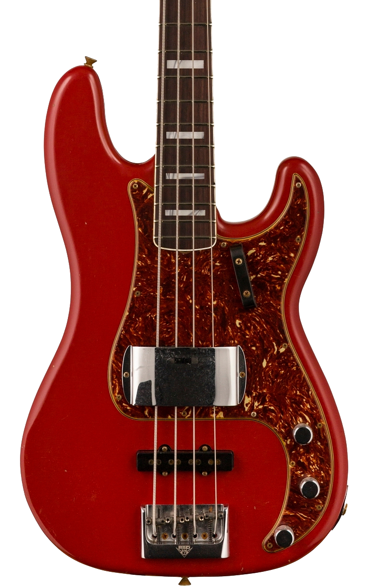 Front of Fender Custom Shop Limited Edition P Bass Special Journeyman Relic Aged Dakota Red.
