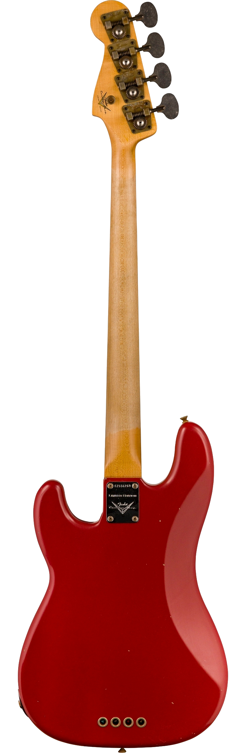 Back of Fender Custom Shop Limited Edition P Bass Special Journeyman Relic Aged Dakota Red.