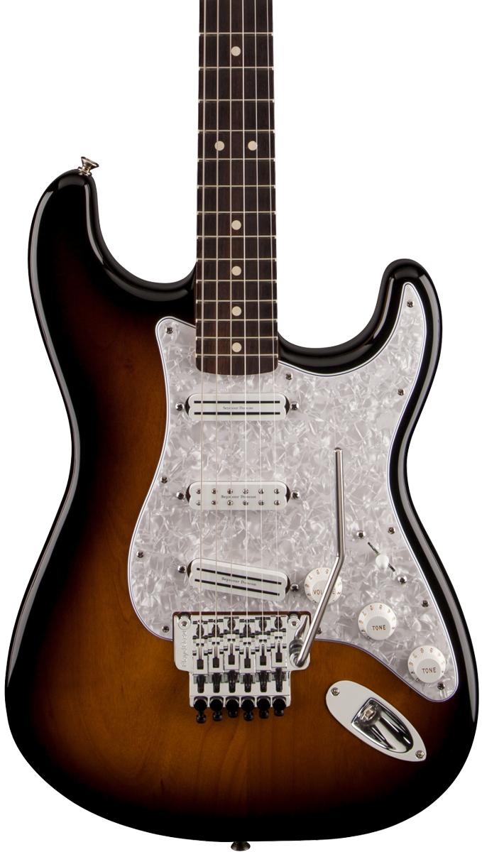 Front of Fender Dave Murray Stratocaster HHH 2-Tone Sunburst.