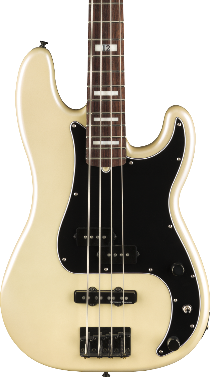 Front of Fender Duff McKagan Deluxe Precision Bass RW White Pearl.