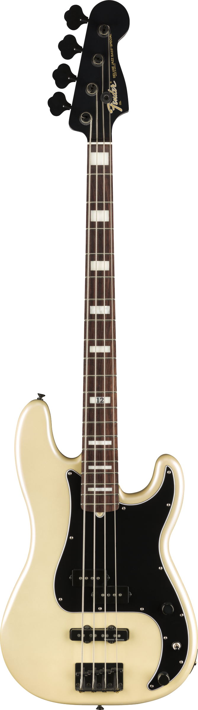 Full frontal of Fender Duff McKagan Deluxe Precision Bass RW White Pearl.