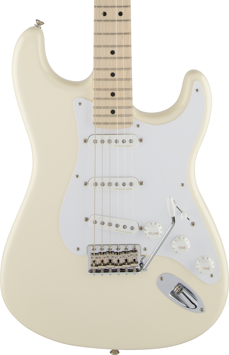 Front of Fender Eric Clapton Stratocaster MP Olympic White.