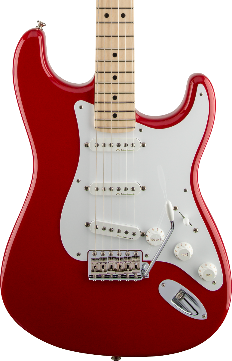 Front of Fender Eric Clapton Stratocaster MP Torino Red.