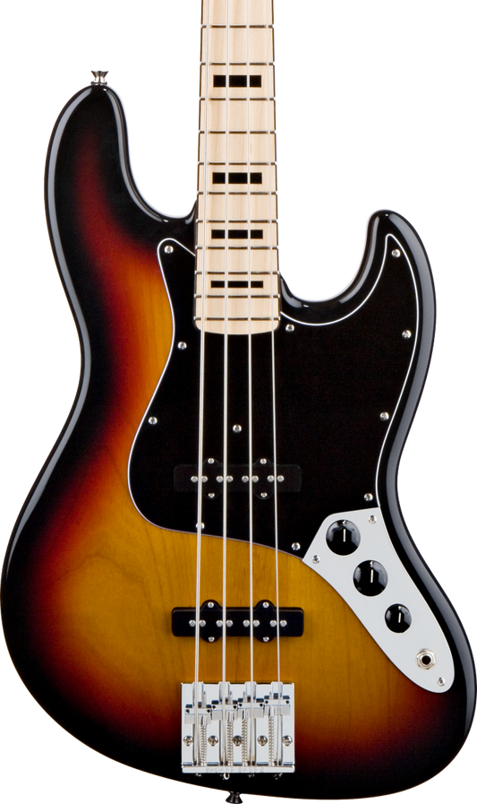 Front of Fender Geddy Lee Jazz Bass MP 3-Color Sunburst.