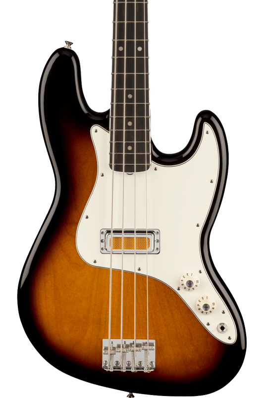 Front of Fender Gold Foil Jazz Bass 2-Color Sunburst.