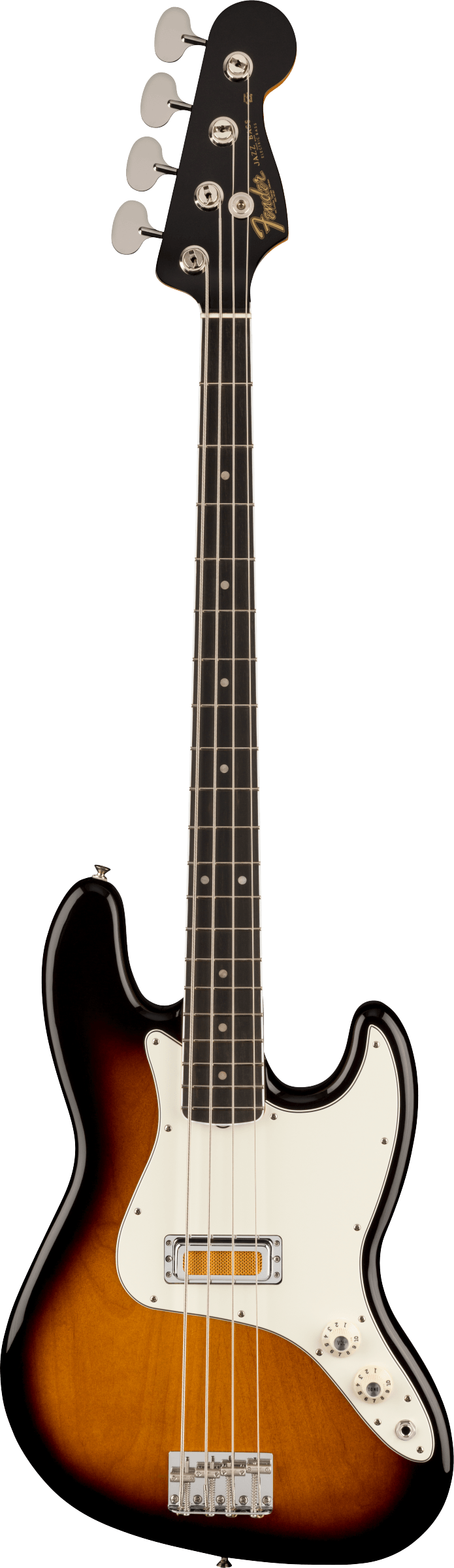 Full frontal of Fender Gold Foil Jazz Bass 2-Color Sunburst.
