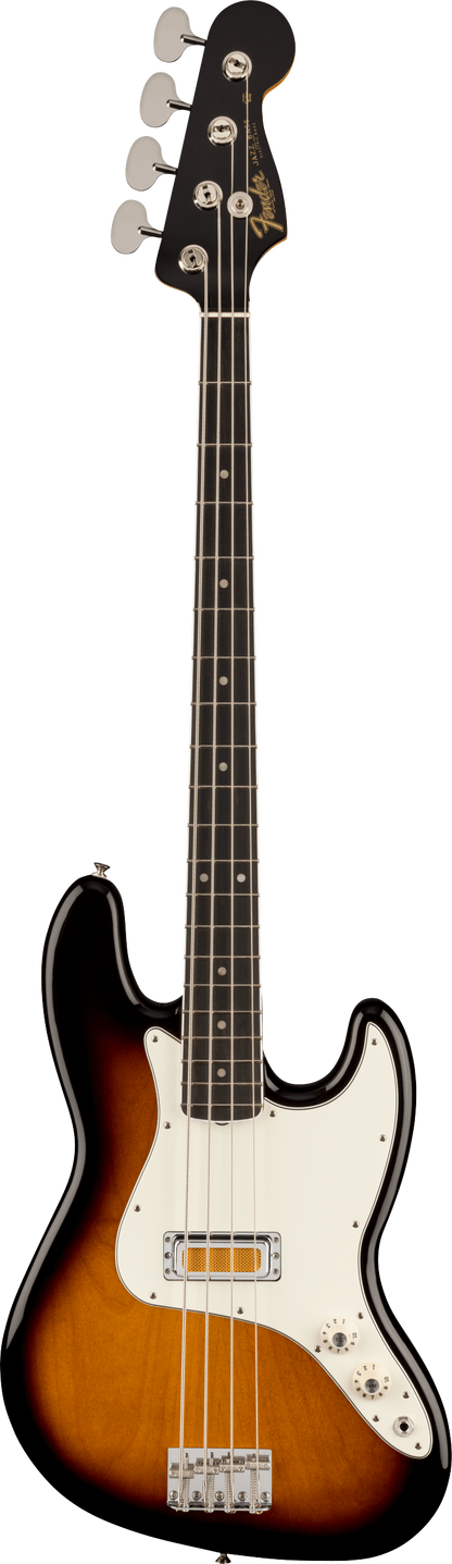 Full frontal of Fender Gold Foil Jazz Bass 2-Color Sunburst.