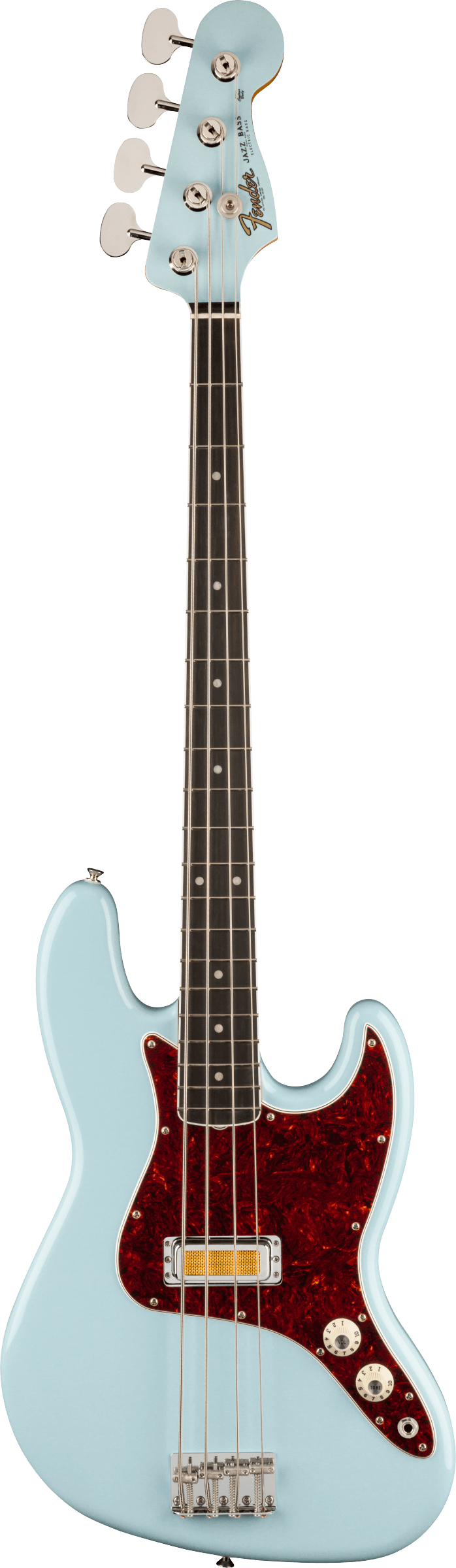 Full frontal of Fender  Gold Foil Jazz Bass Sonic Blue.