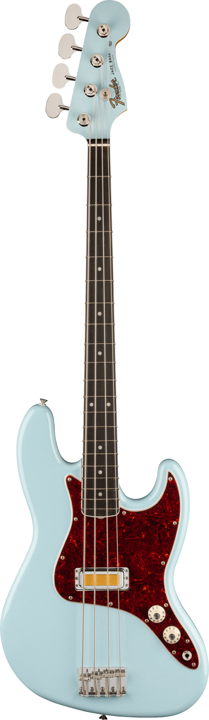 Full frontal of Fender  Gold Foil Jazz Bass Sonic Blue.