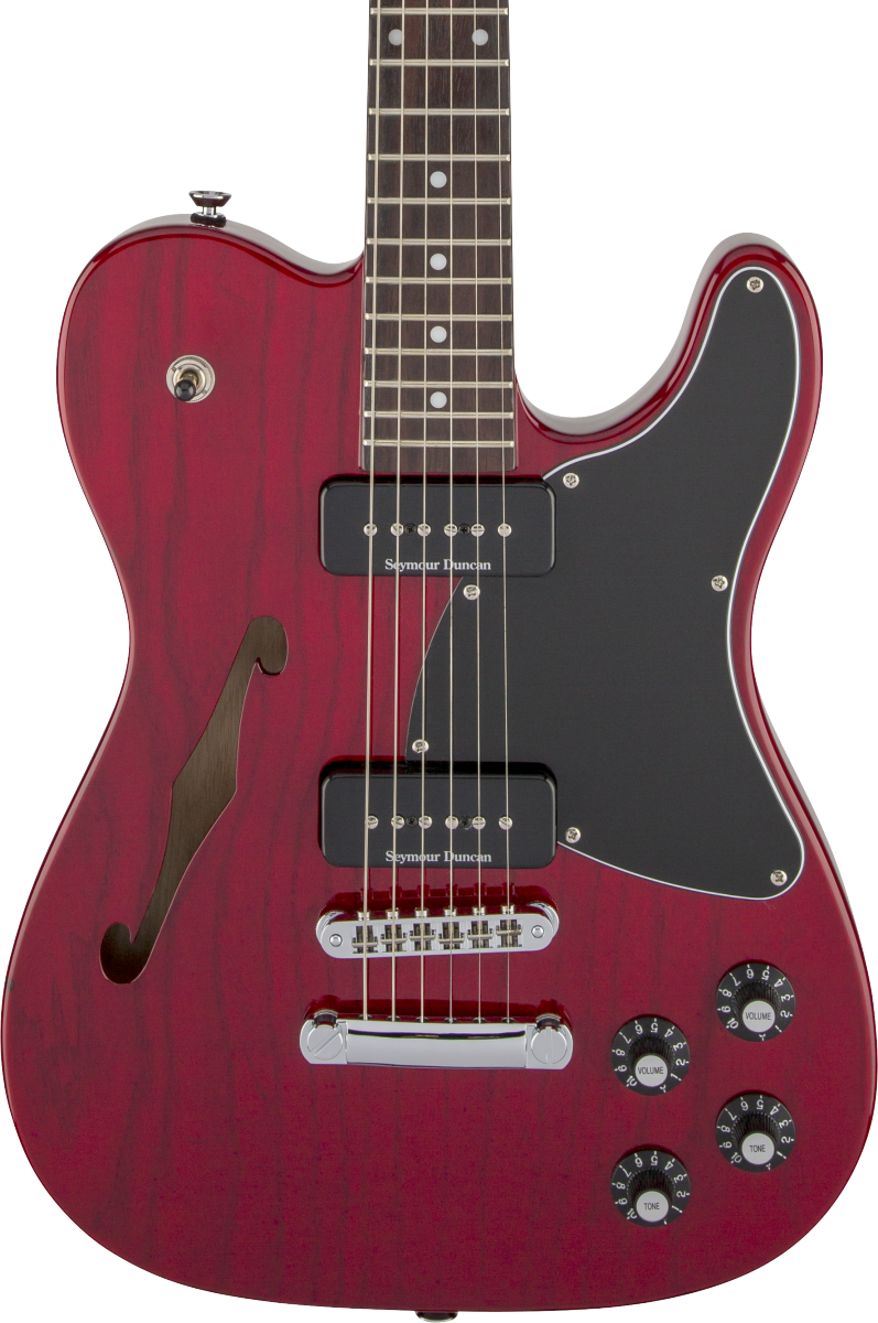 Front of Fender Jim Adkins JA-90 Telecaster Thinline Crimson Red Transparent.