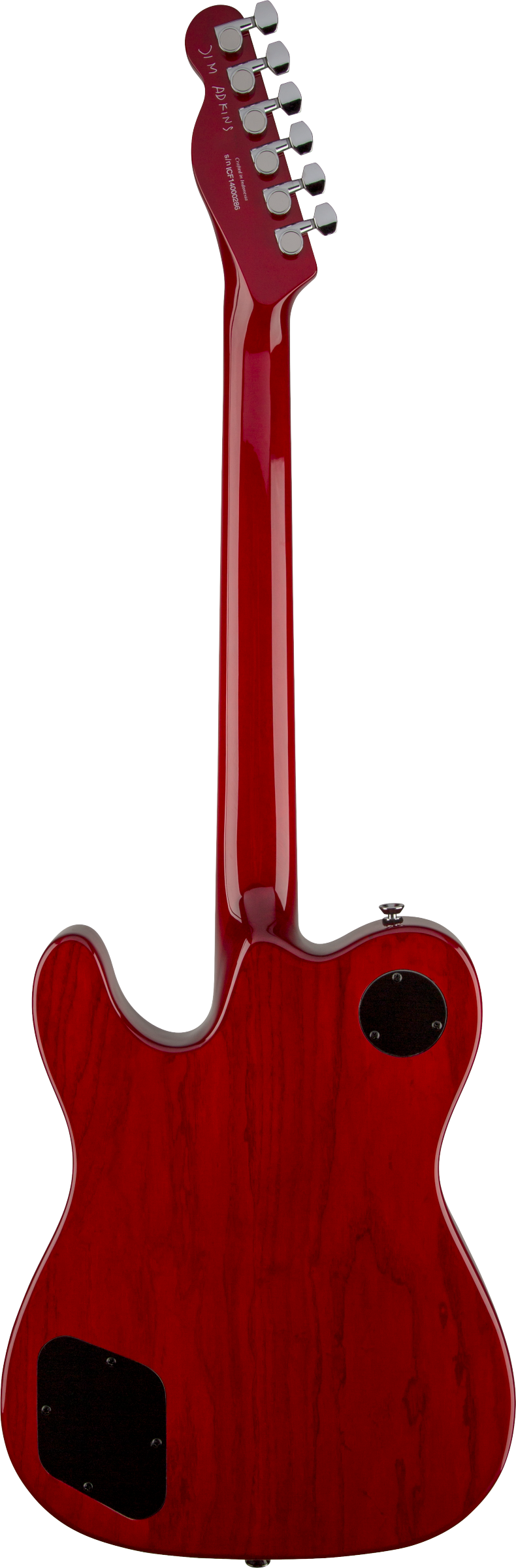 Back of Fender Jim Adkins JA-90 Telecaster Thinline Crimson Red Transparent.