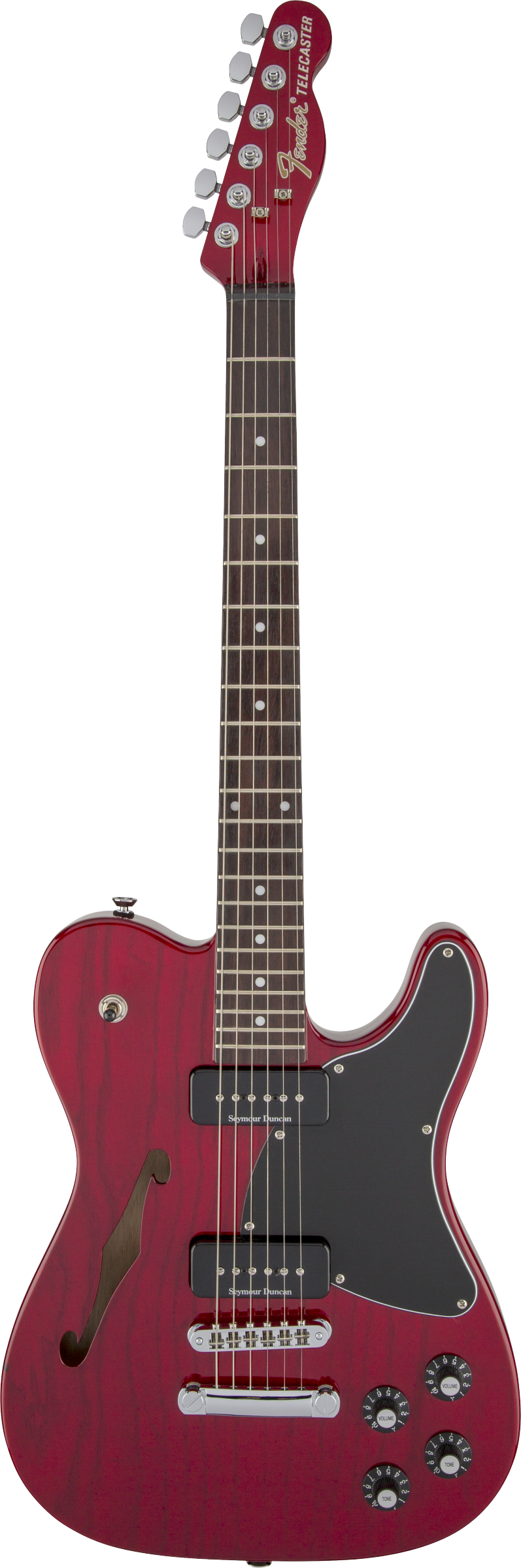 Full frontal of Fender Jim Adkins JA-90 Telecaster Thinline Crimson Red Transparent.