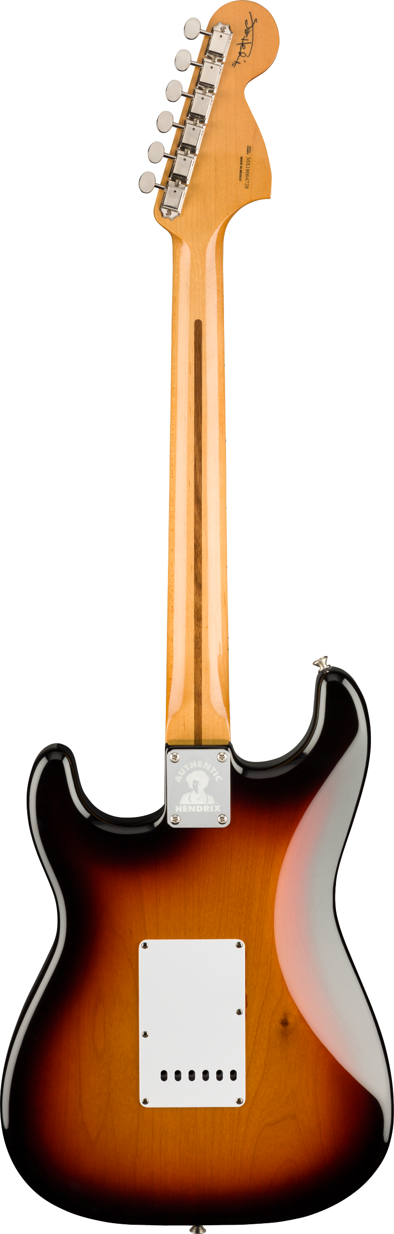 Back of Fender Jimi Hendrix Stratocaster Maple Fingerboard 3-Color Sunburst.