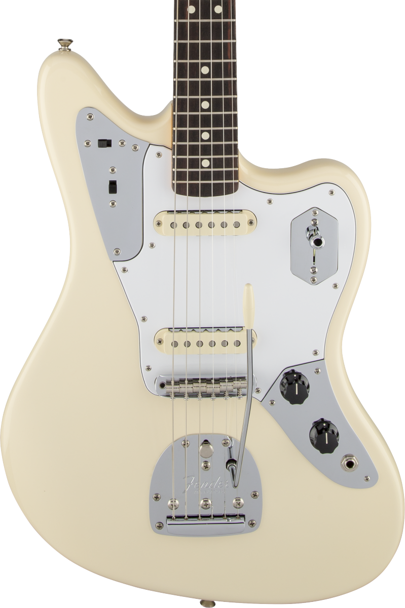 Front of Fender Johnny Marr Jaguar RW Olympic White.