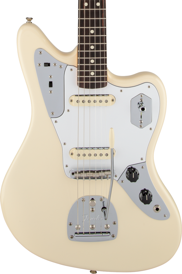 Front of Fender Johnny Marr Jaguar RW Olympic White.