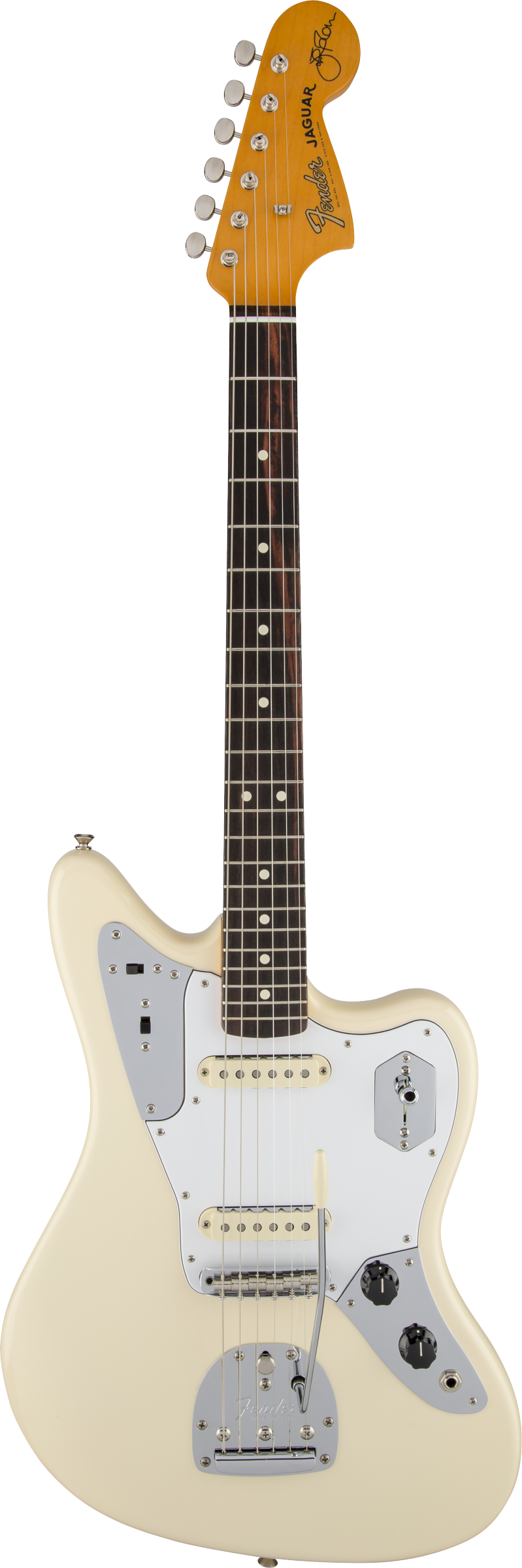 Full frontal of Fender Johnny Marr Jaguar RW Olympic White.