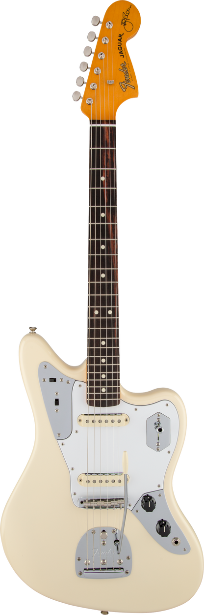 Full frontal of Fender Johnny Marr Jaguar RW Olympic White.