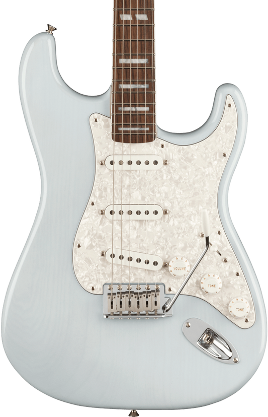 Front of Fender Kenny Wayne Shepherd Stratocaster RW Transparent Faded Sonic Blue.