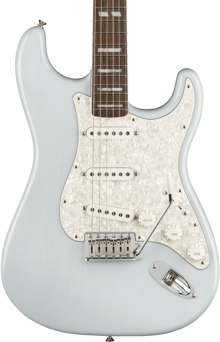 Front of Fender Kenny Wayne Shepherd Stratocaster RW Transparent Faded Sonic Blue.