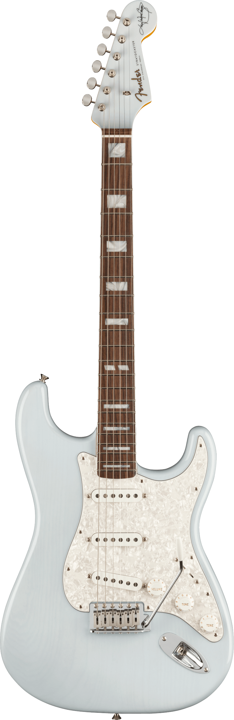 Full frontal of Fender Kenny Wayne Shepherd Stratocaster RW Transparent Faded Sonic Blue.