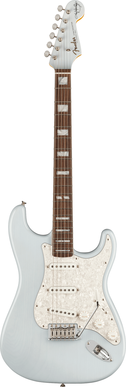 Full frontal of Fender Kenny Wayne Shepherd Stratocaster RW Transparent Faded Sonic Blue.
