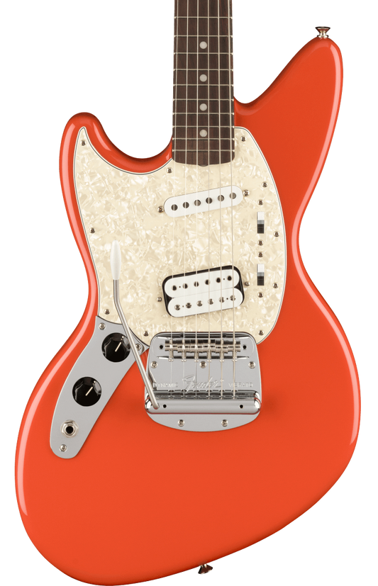 Front of Fender Kurt Cobain Jag-Stang Left-Hand Rosewood Fingerboard Fiesta Red.