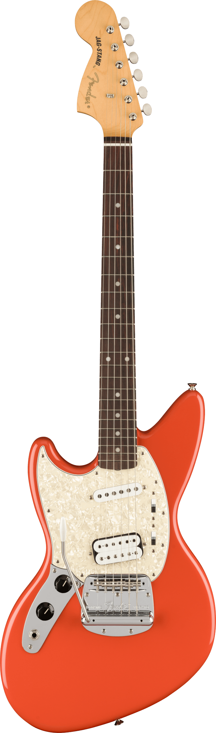 Full frontal of Fender Kurt Cobain Jag-Stang Left-Hand Rosewood Fingerboard Fiesta Red.
