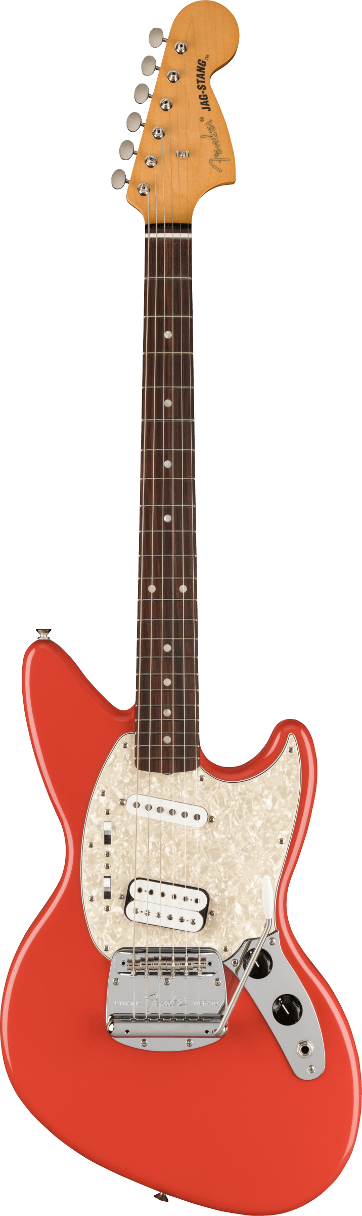 Full frontal of Fender Kurt Cobain Jag-Stang RW Fiesta Red.