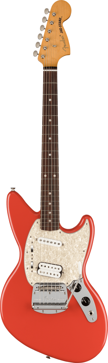 Full frontal of Fender Kurt Cobain Jag-Stang RW Fiesta Red.