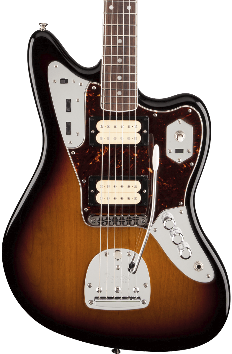Front of Fender Kurt Cobain Jaguar Rosewood Fingerboard 3-Color Sunburst.