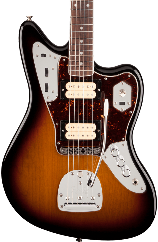 Front of Fender Kurt Cobain Jaguar Rosewood Fingerboard 3-Color Sunburst.