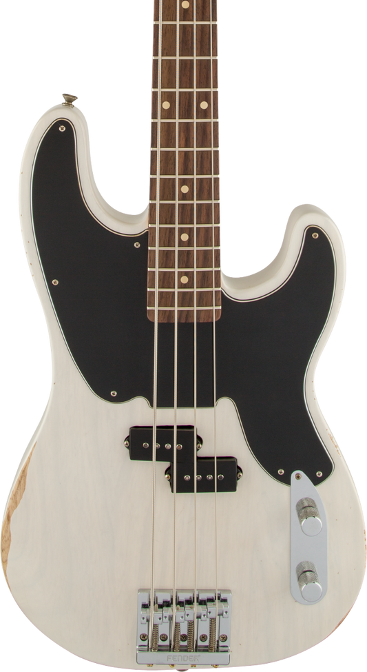 Front of Fender Mike Dirnt Road Worn Precision Bass Rosewood Fingerboard White Blonde.