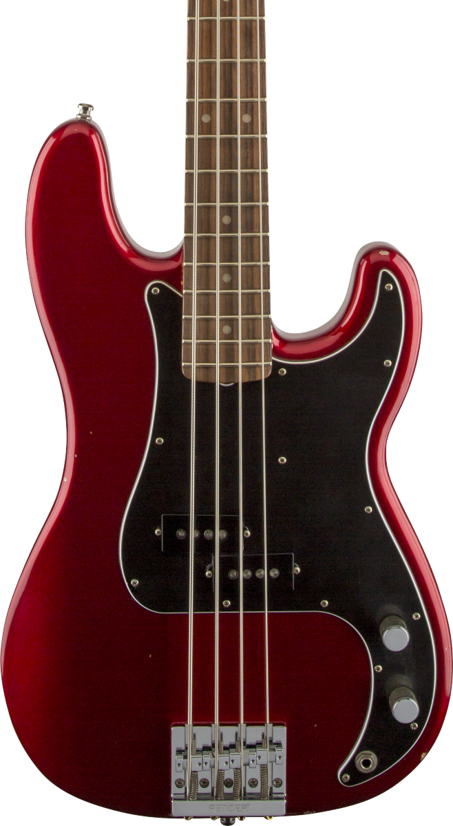Front of Fender Nate Mendel P Bass RW Candy Apple Red.