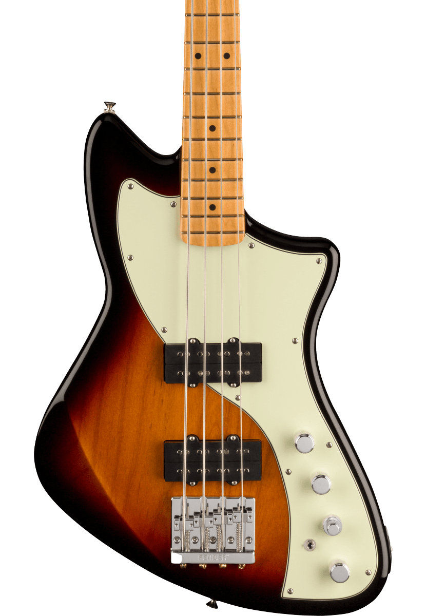 Front of Open Box Fender Player Plus Active Meteora Bass 3-Color Sunburst.
