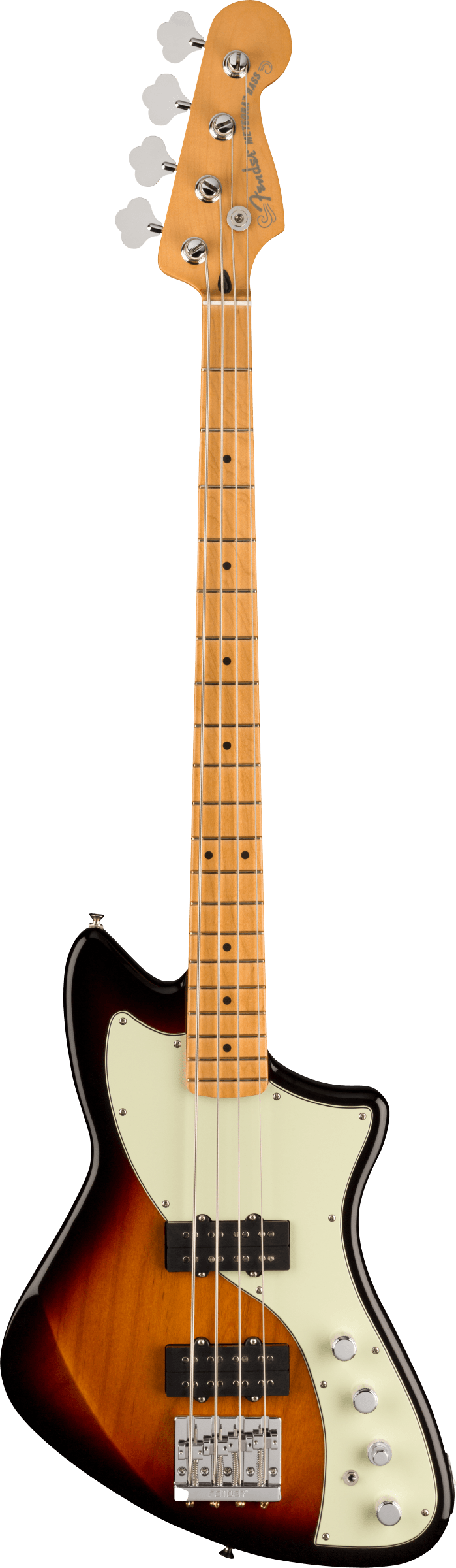 Full frontal of Open Box Fender Player Plus Active Meteora Bass 3-Color Sunburst.