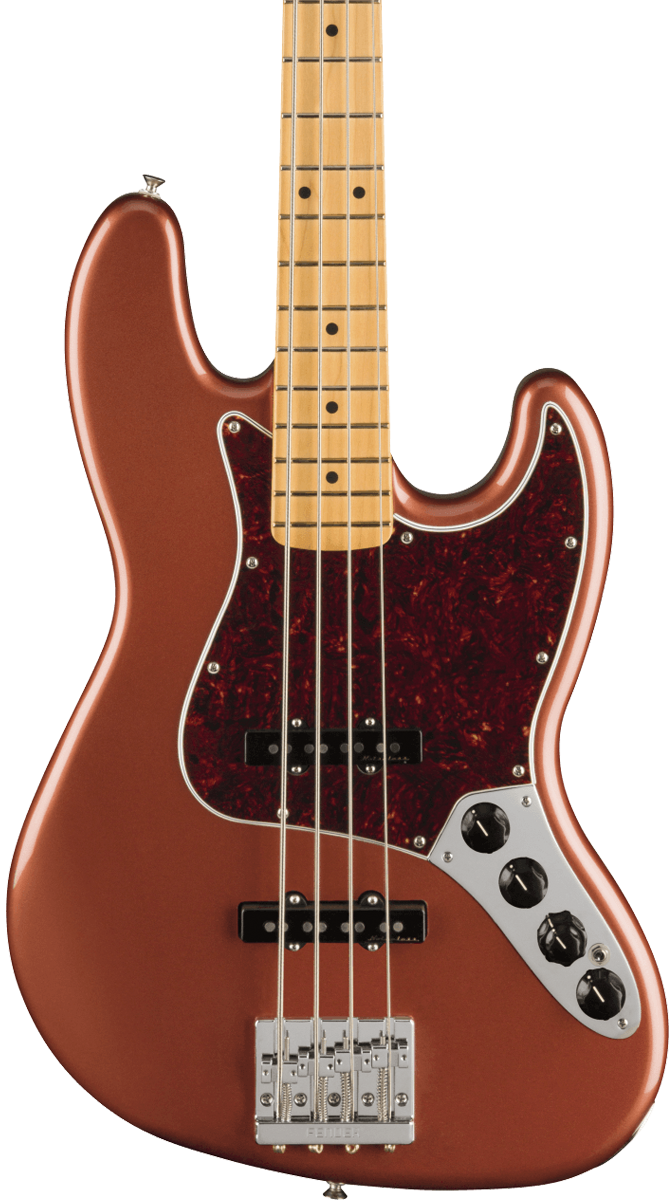 Front of Fender Player Plus Jazz Bass MP Aged Candy Apple Red.