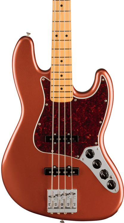 Front of Fender Player Plus Jazz Bass MP Aged Candy Apple Red.