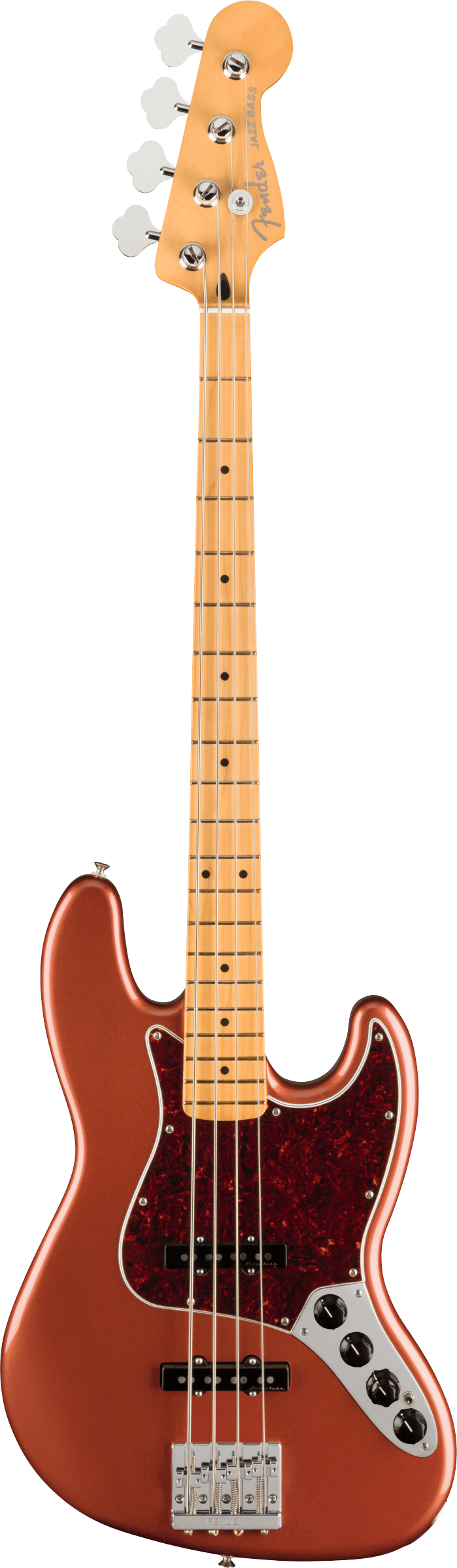 Full frontal of Fender Player Plus Jazz Bass MP Aged Candy Apple Red.